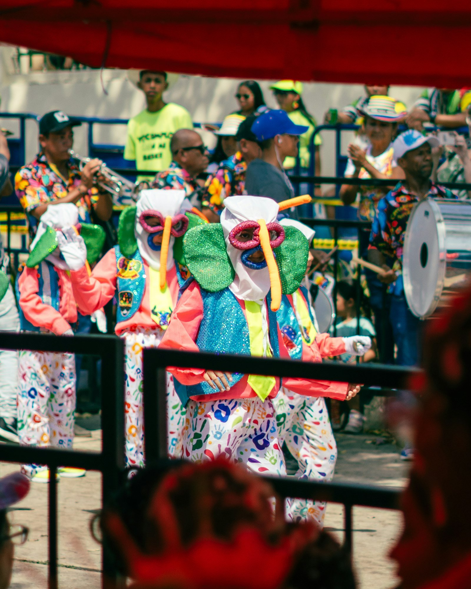 Colourful carnival dancers in elaborate elephant costumes parading at Barranquilla Carnival, Colombia