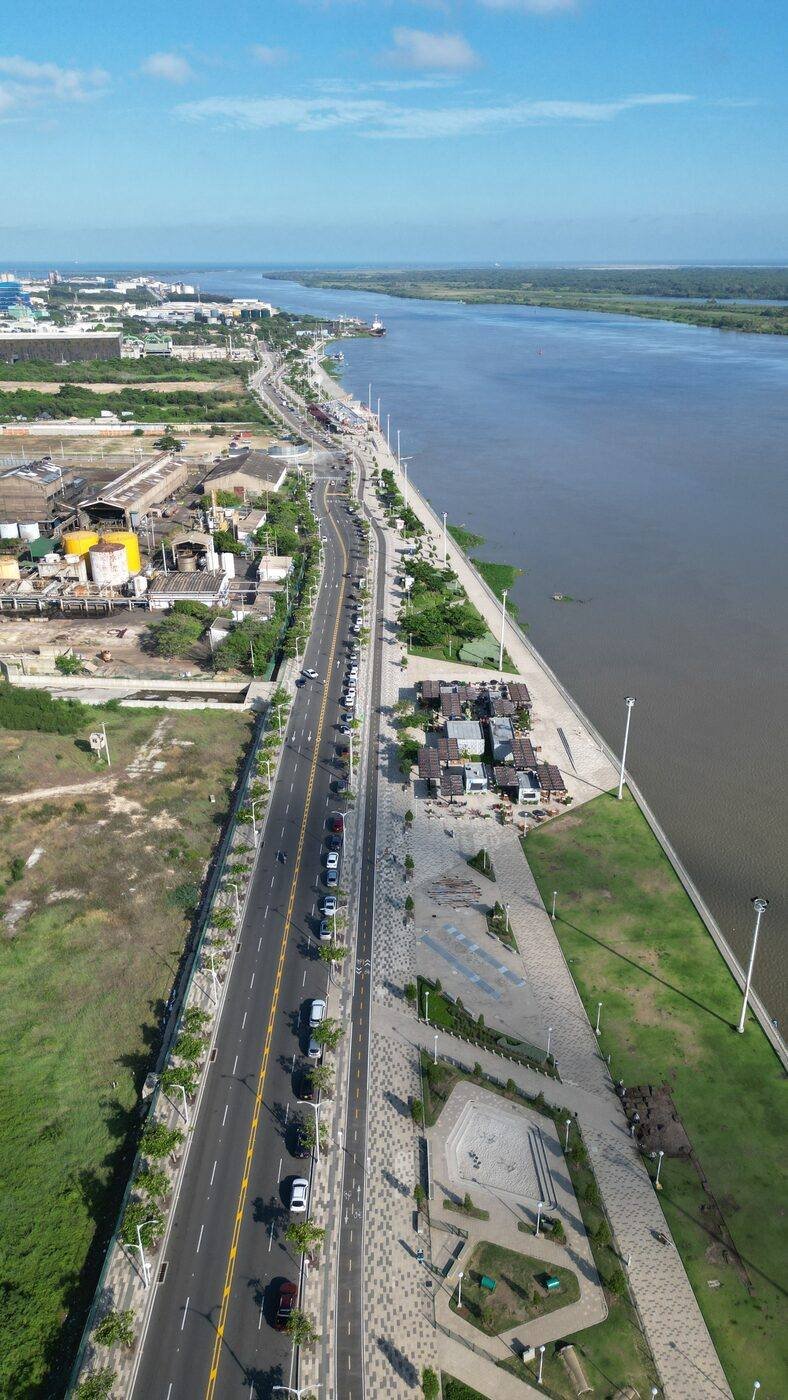 Aerial drone view of Magdalena River waterfront road in Barranquilla, Colombia