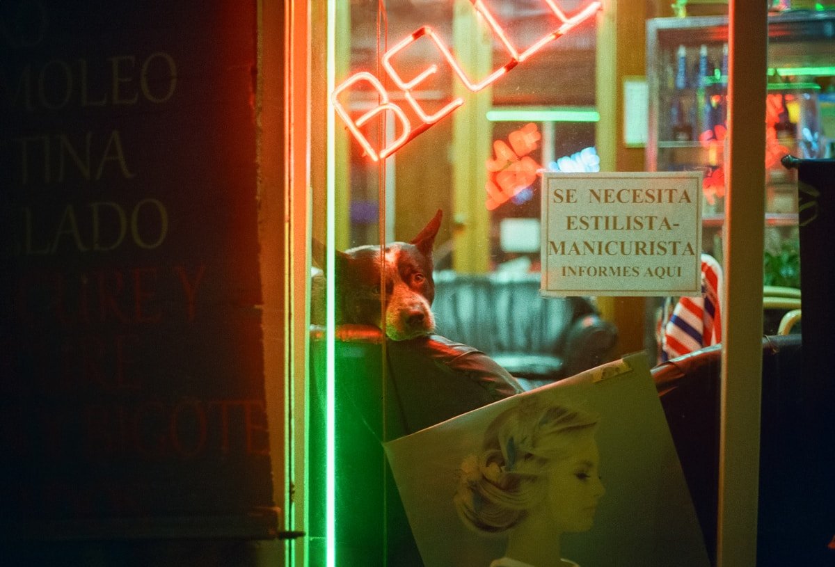 Neon signs glowing from a street storefront at night in Bogota Colombia