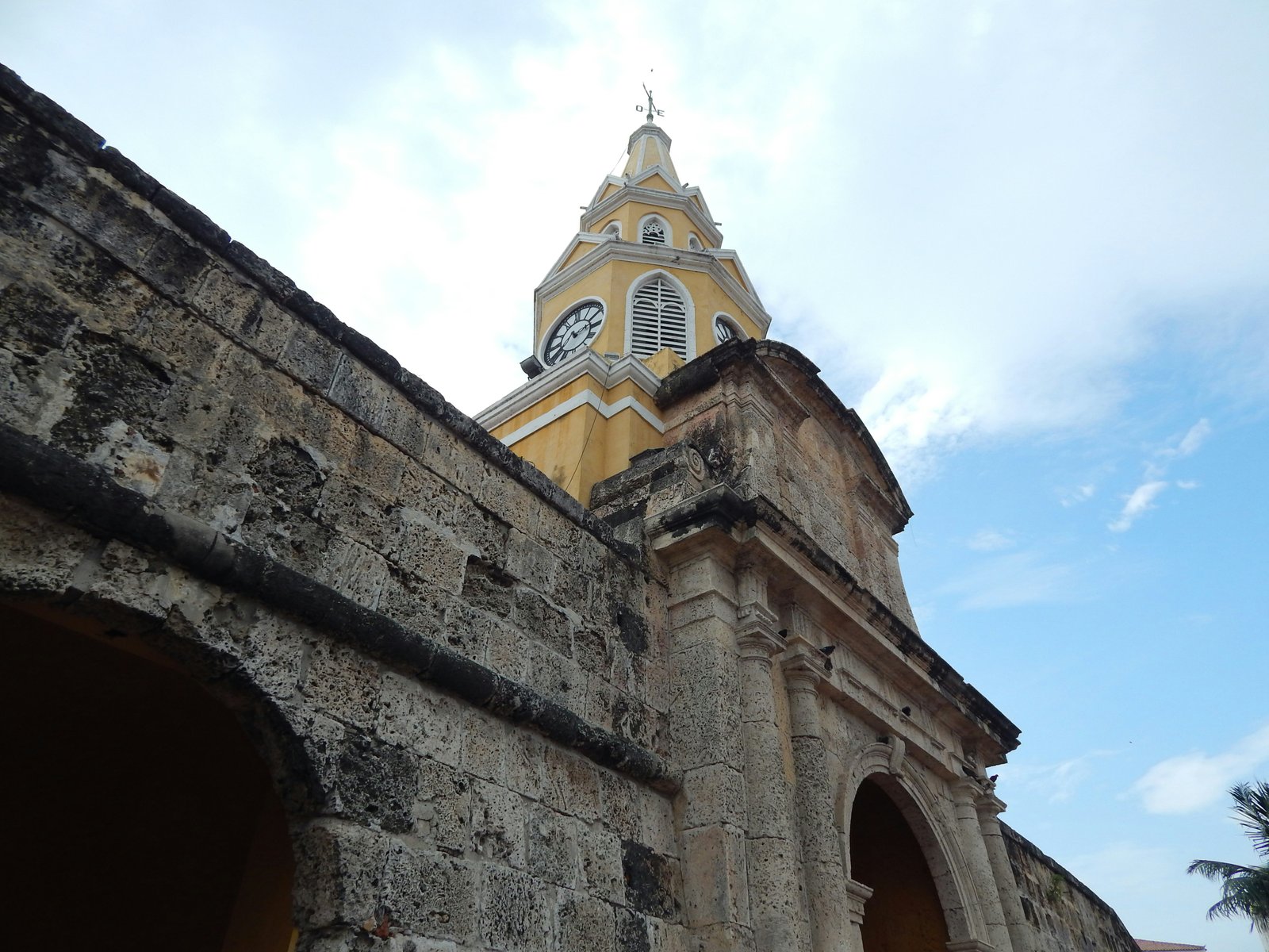 Colourful colonial buildings and church towers of Cartagena's walled city at dusk, Colombia