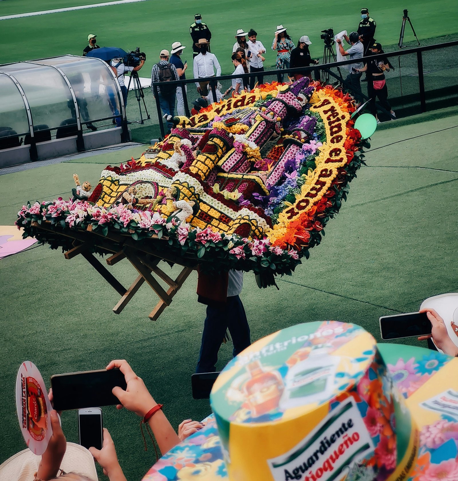 Elaborate flower float at the Medellin Flower Festival with traditional silletero arrangement, Colombia