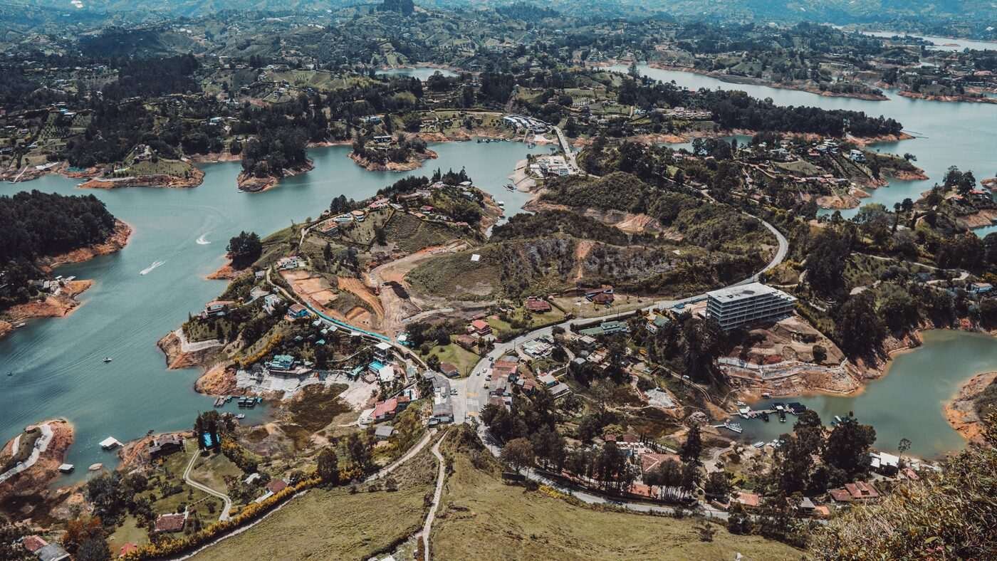 Aerial view of Guatapé reservoir with green islands and winding waterways, Antioquia, Colombia