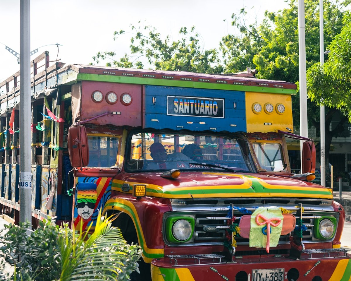 Colorful chiva bus decorated with hand-painted patterns in Barranquilla, Colombia