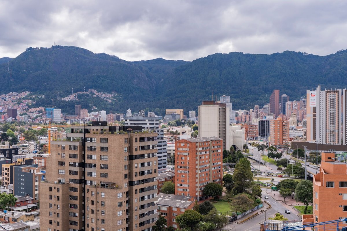 Bogota cityscape with the Andes mountains rising behind the brick apartment buildings