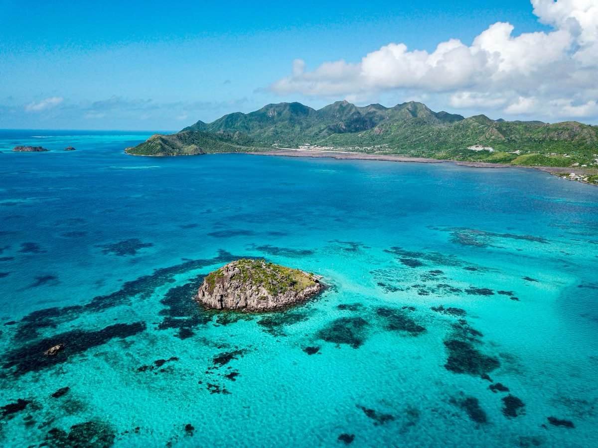 Turquoise sea and green hills of Providencia island