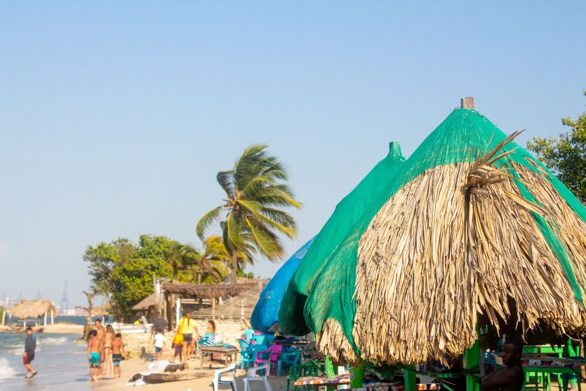 Straw beach hut and palm trees on Barú, Colombia