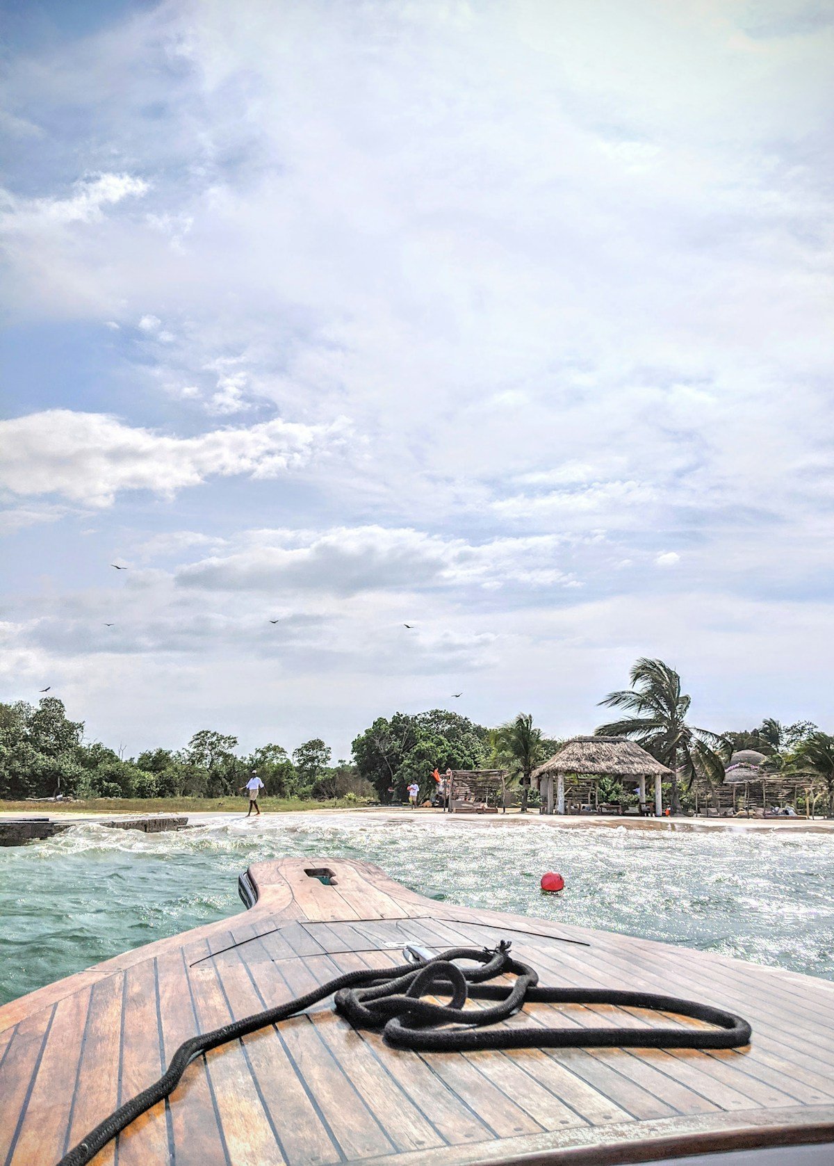 Wooden boat arriving at Barú beach with palm trees and thatched hut, Colombia