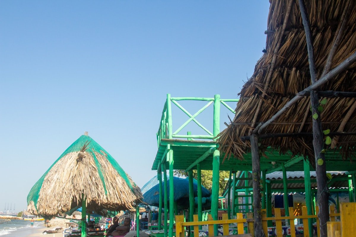 Beachside straw huts at the Rosario Islands, Colombia