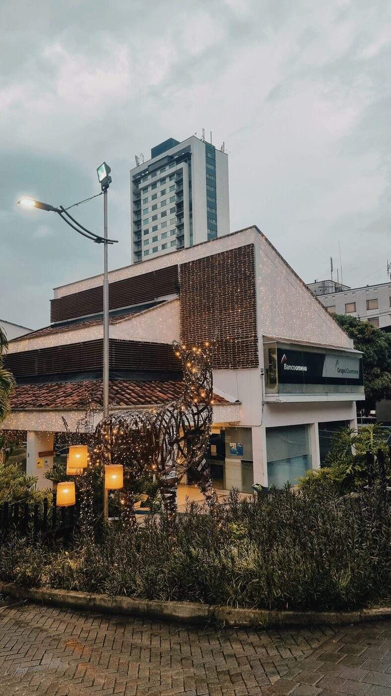 Building decorated with Christmas fairy lights in Medellin during the Alumbrado festival, Colombia