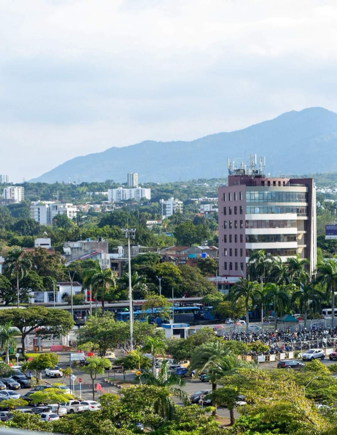 Panoramic view of Cali city with low-rise buildings and Andes mountains in the background, Valle del Cauca, Colombia