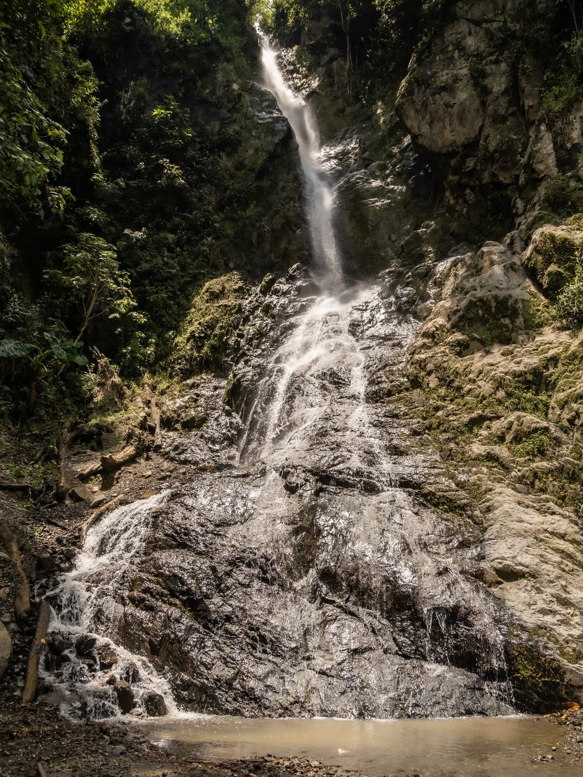 Waterfall cascading over rock into a shallow pool surrounded by forest in the Minca area of Colombia