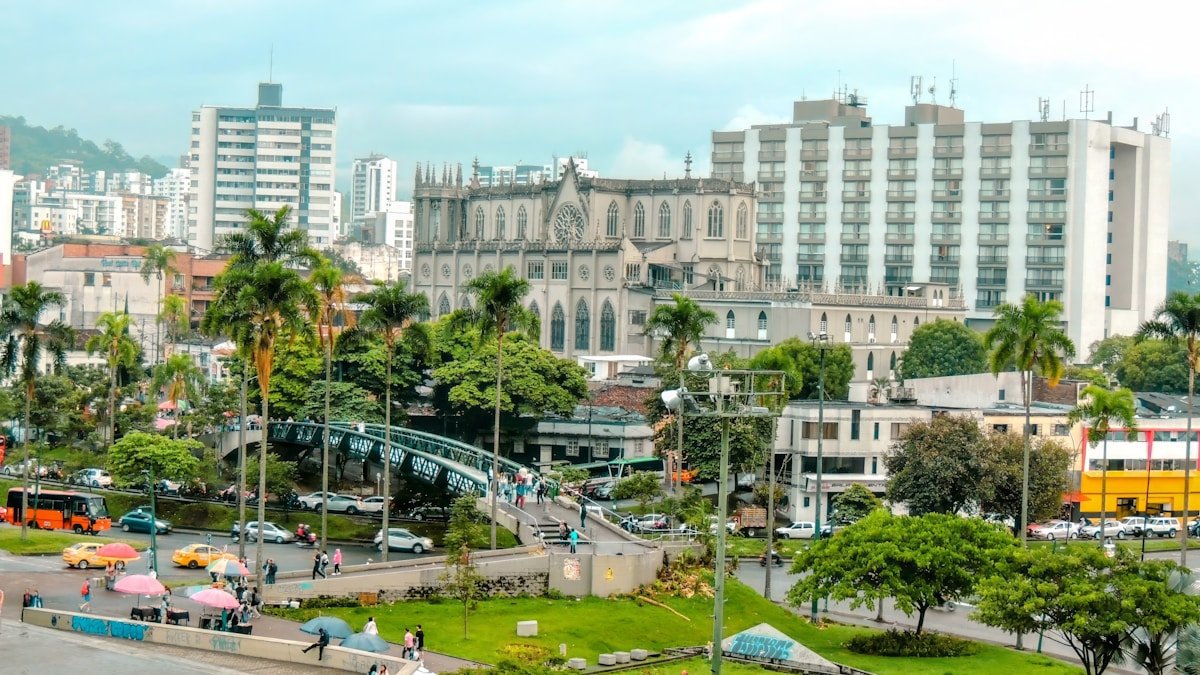 Pereira city centre showing the cathedral and palm-lined avenue, Risaralda, Colombia