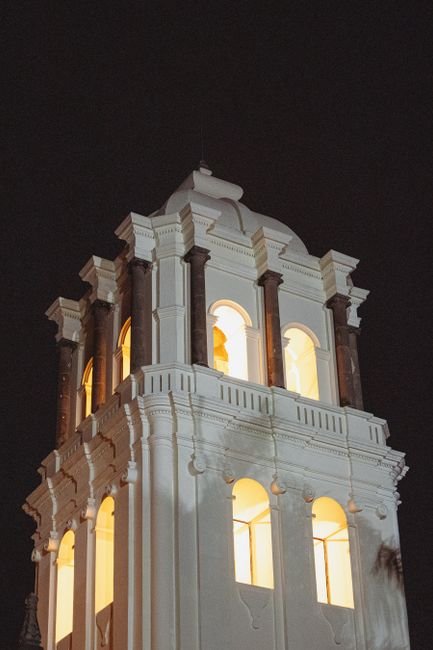 Whitewashed colonial buildings and church towers of Popayán at dusk, Cauca department, Colombia