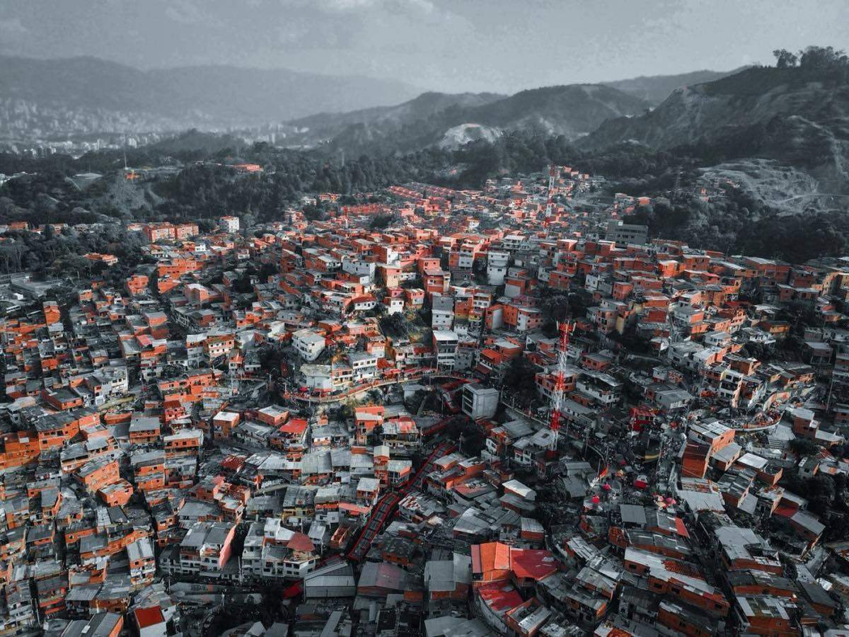 Aerial view of the hillside Comuna 13 neighbourhood in Medellin, Colombia