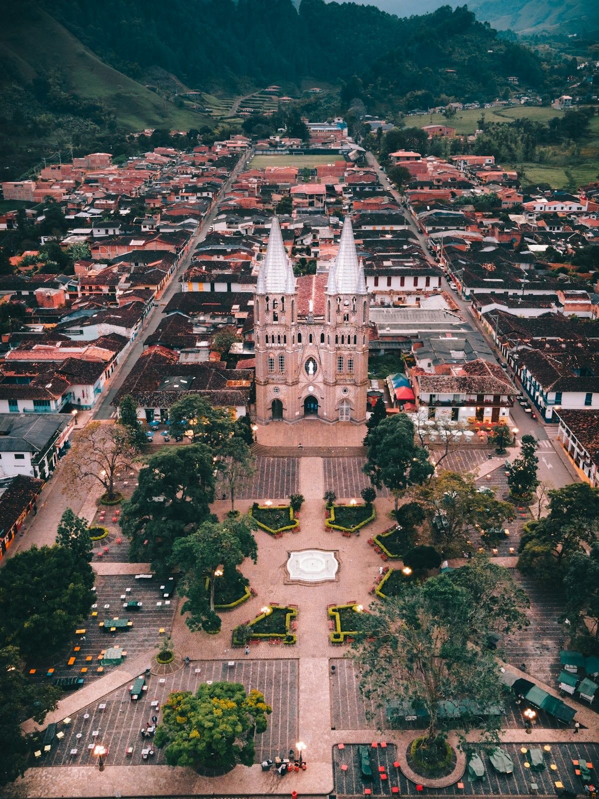 Aerial view of the colonial town of Jardin in the Antioquia region of Colombia