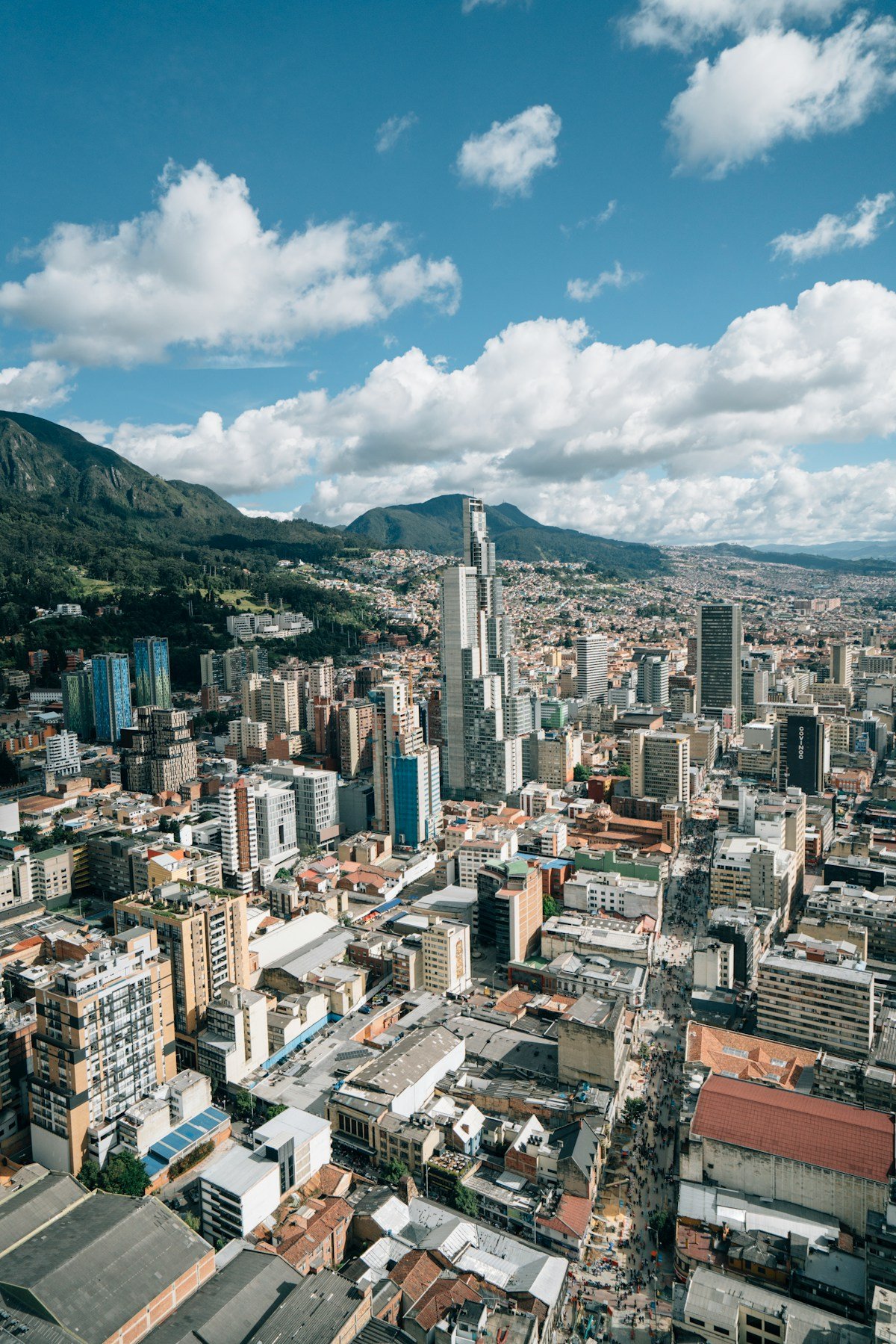 Bogota city aerial view at dusk, Colombia