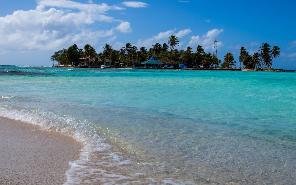 Palm-fringed beach on San Andres island, Colombia