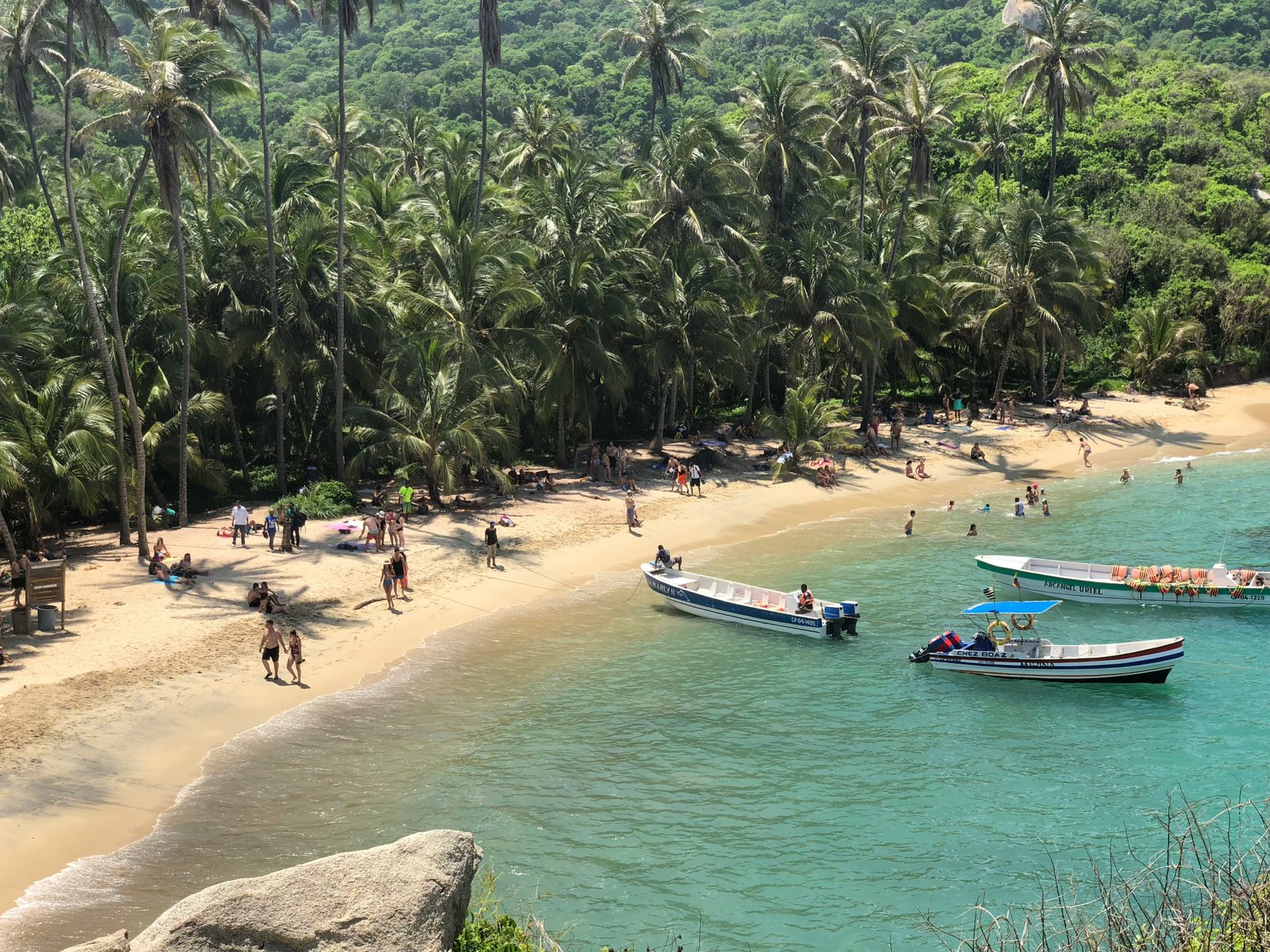 Boats anchored at Cabo San Juan del Guia beach surrounded by palm forest, Tayrona National Park, Colombia